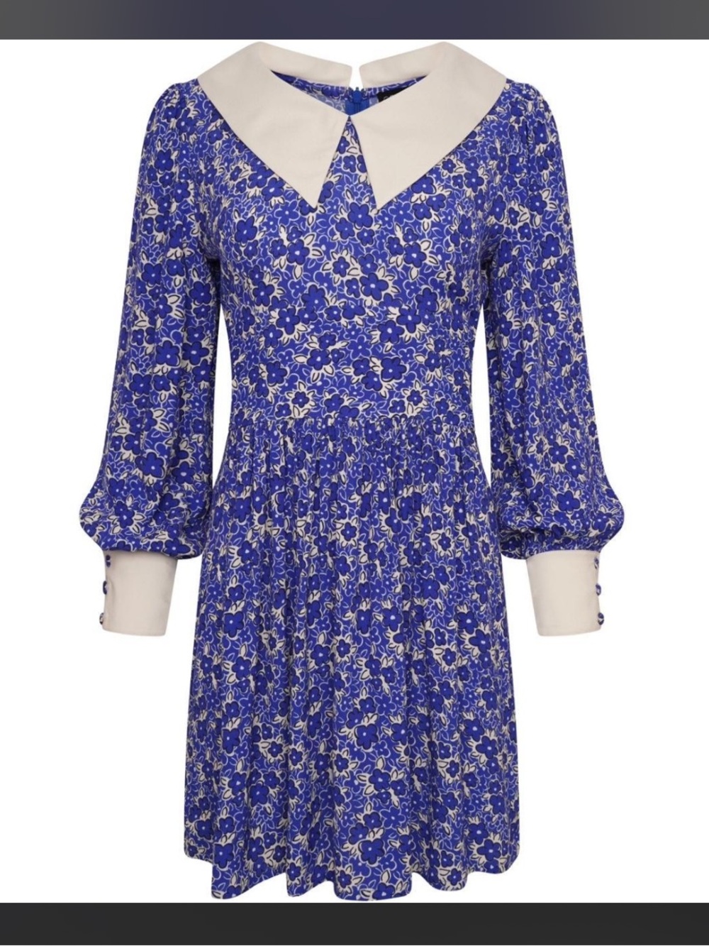 Coco Fennell mod mini Blue Floral Long Sleeve Dress with Contrast Collar 60s VTG